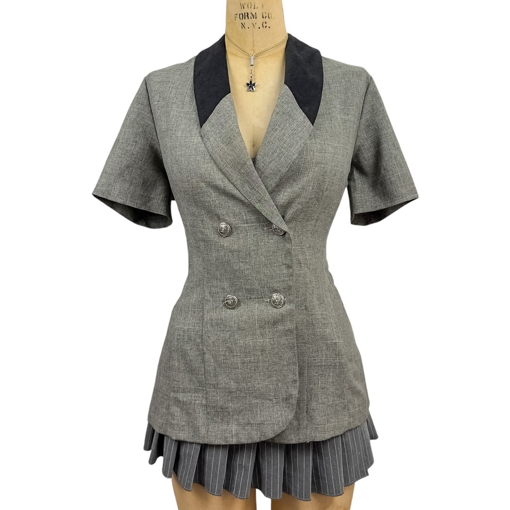 80s Power Blazer Fitted Peplum Tweed Look Yoke Crest‎ Buttons Dark Academia L